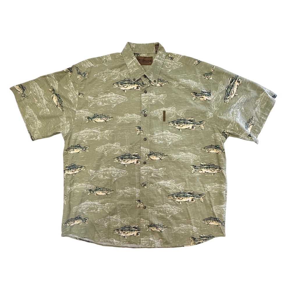 Magellan Sportswear Mens XL Green Bass Fish Print Short Sleeve Button Down Shirt